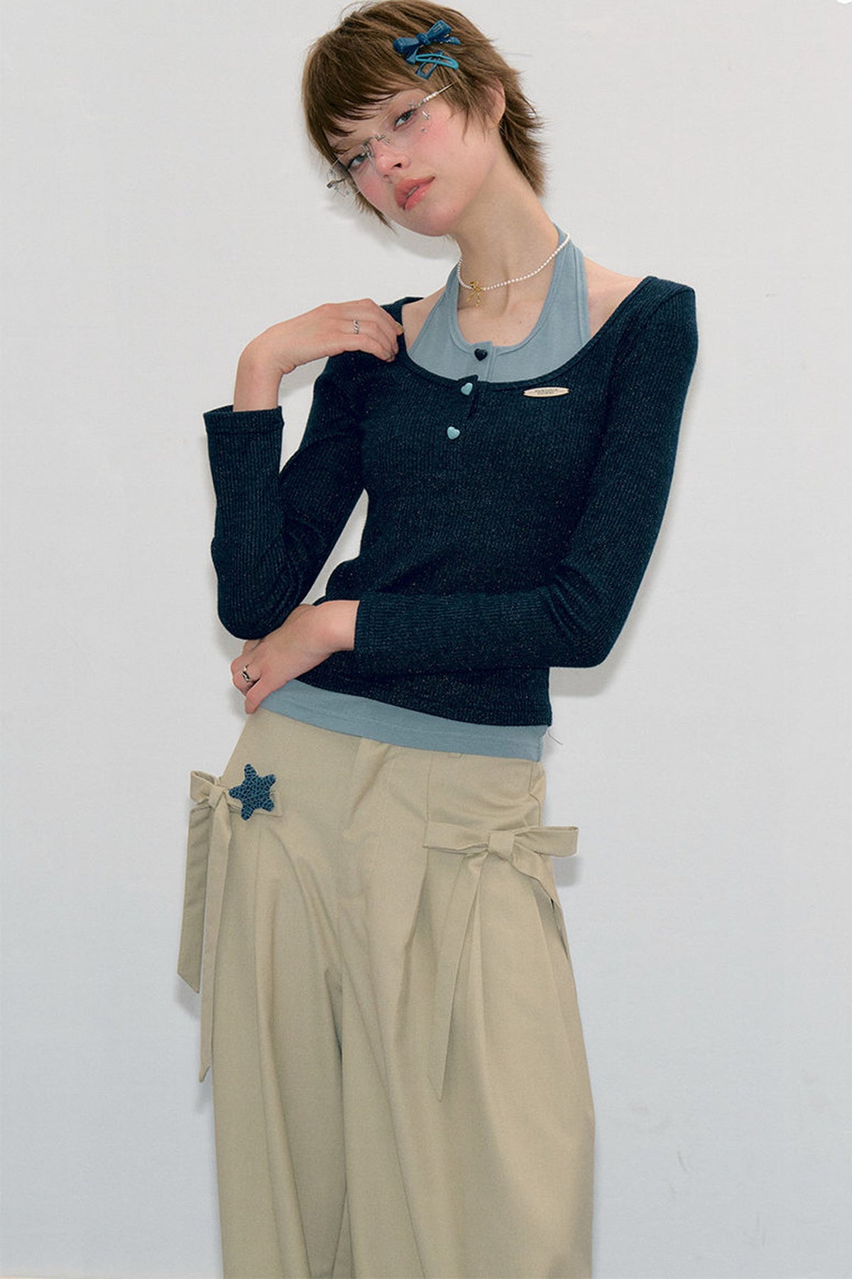 Layered-Look Long Sleeve Knit Top