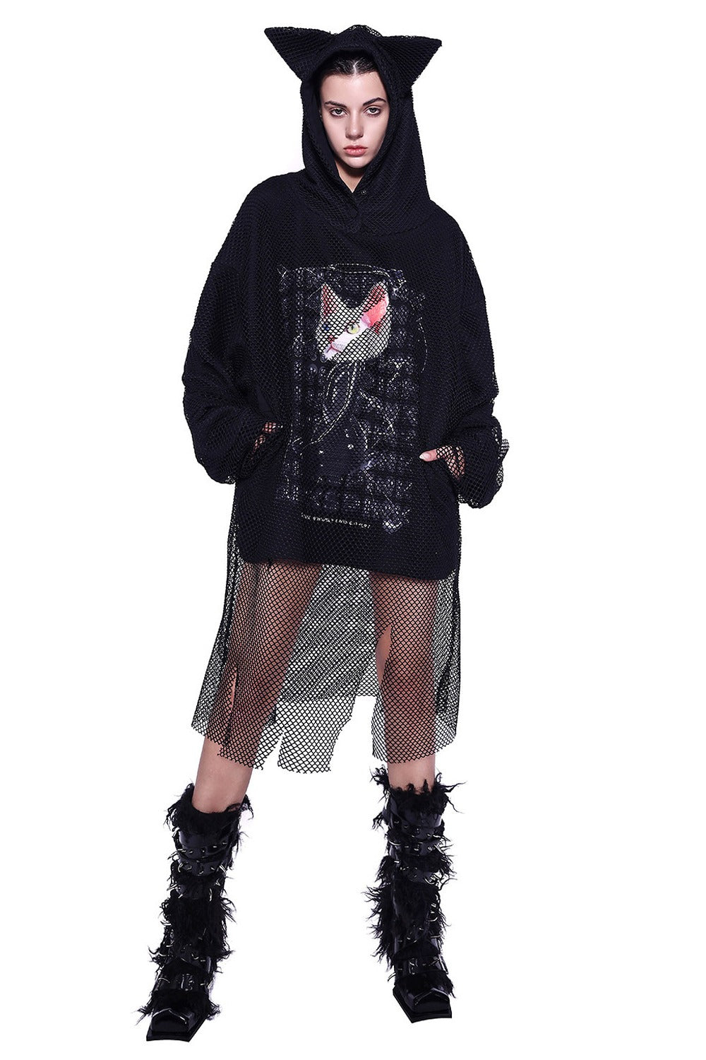 Cat Ear Layered Mesh Hooded Sweatshirt