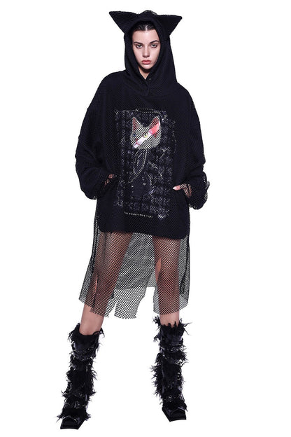 Cat Ear Layered Mesh Hooded Sweatshirt