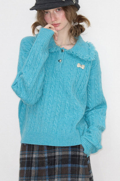 Blue Green Velvet Floral Twist Texture Tassel Sweater