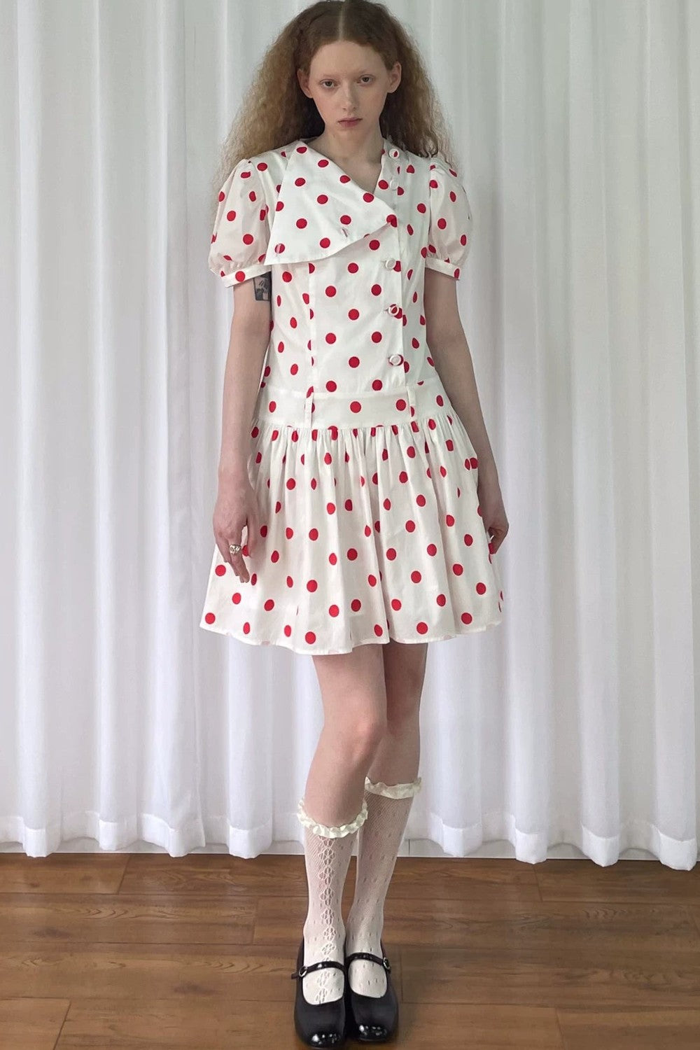 Red Retro Polka Dot Bubble Sleeve Dress