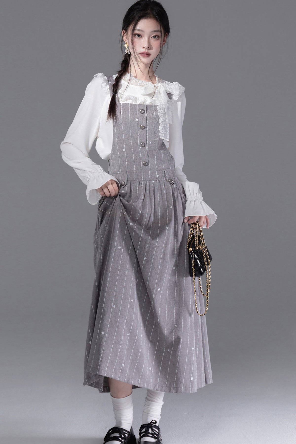 Cream Parfait Ruffle Collar Shirt and Dress Set-Up