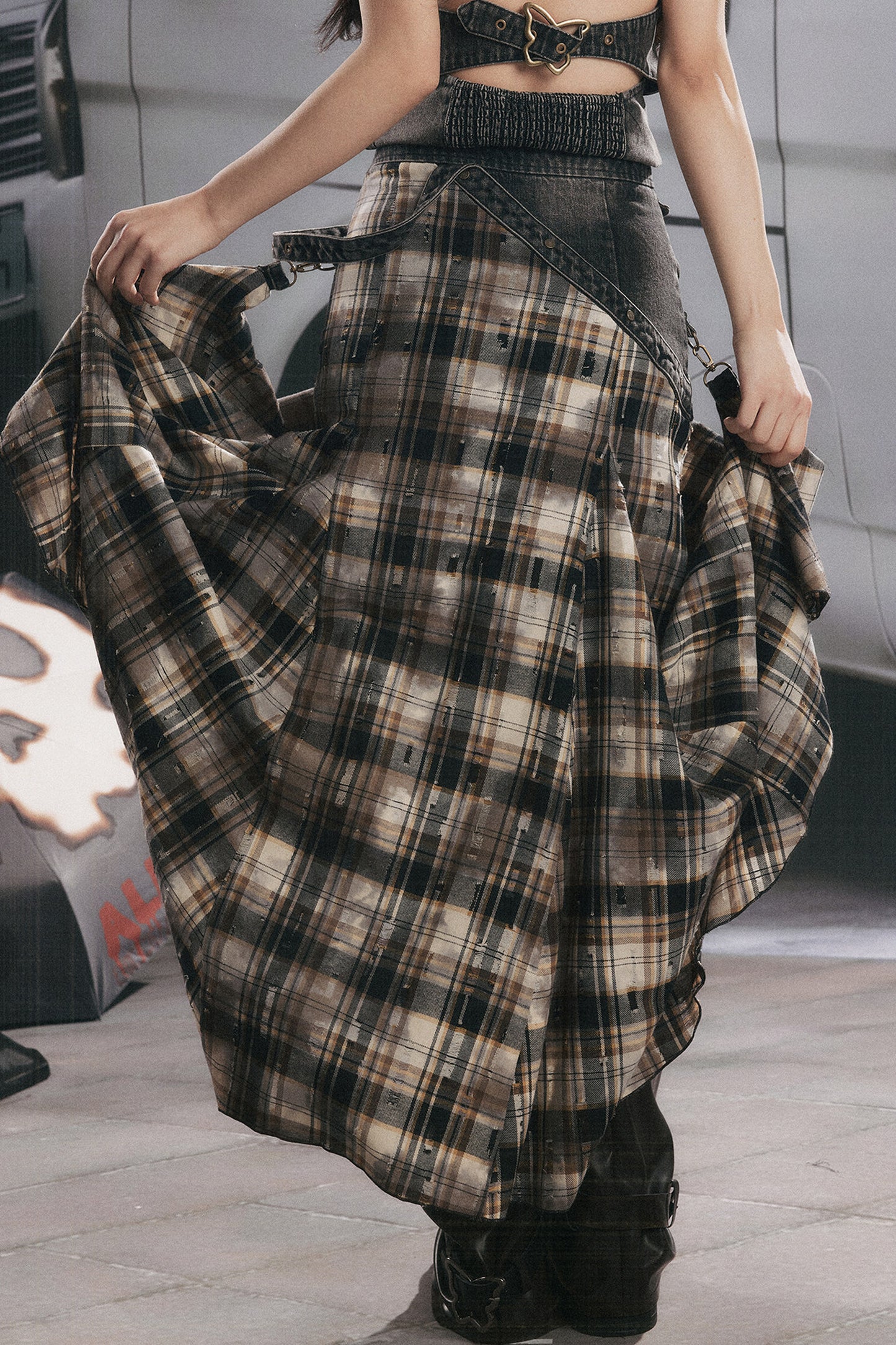 Retro Plaid Asymmetrical Denim Skirt