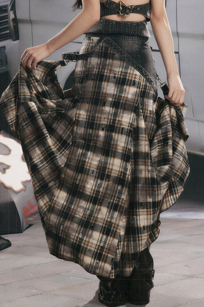 Retro Plaid Asymmetrical Denim Skirt