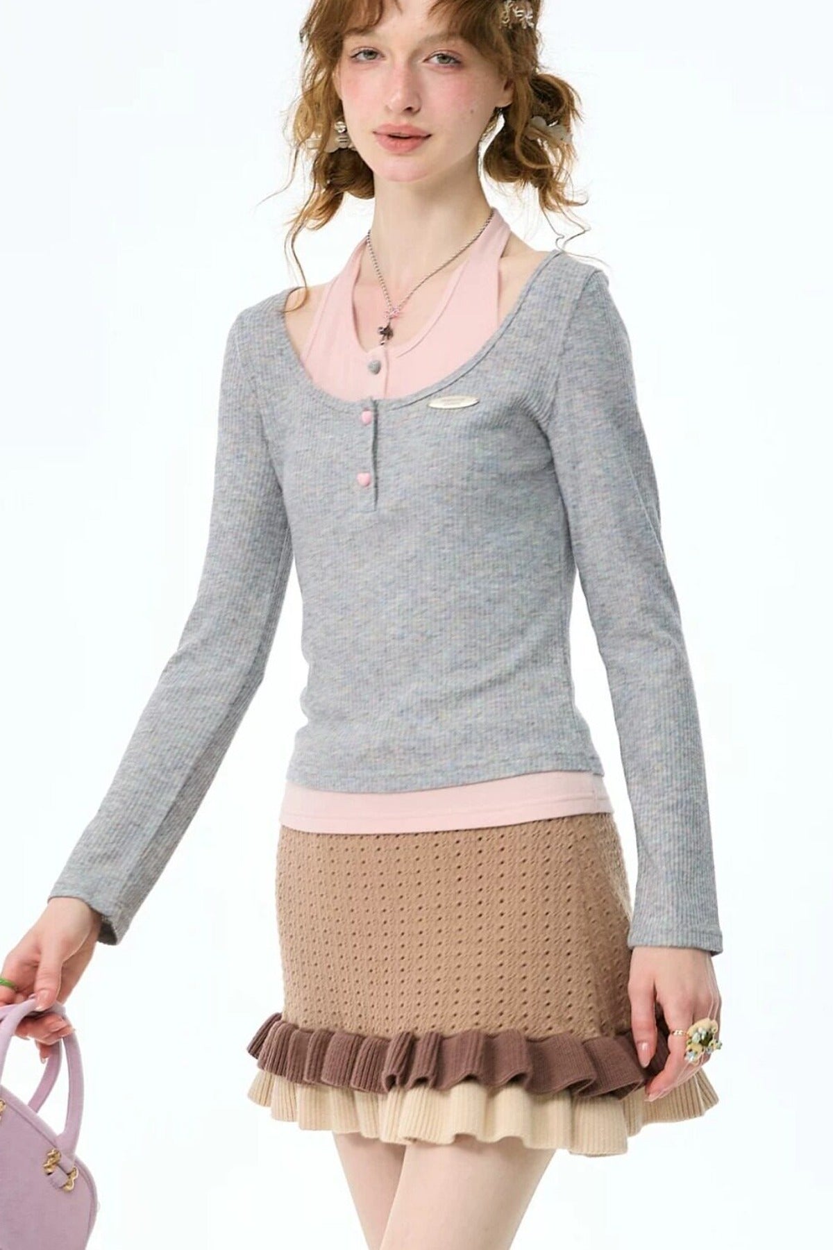 Layered-Look Long Sleeve Knit Top
