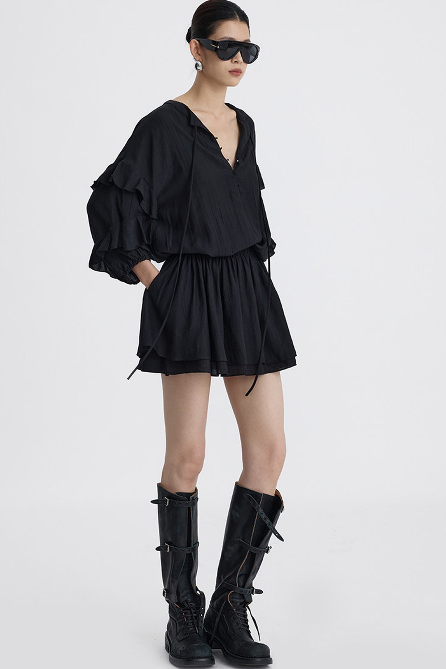 Black V-Neck Ruffle Lantern Sleeve Dress