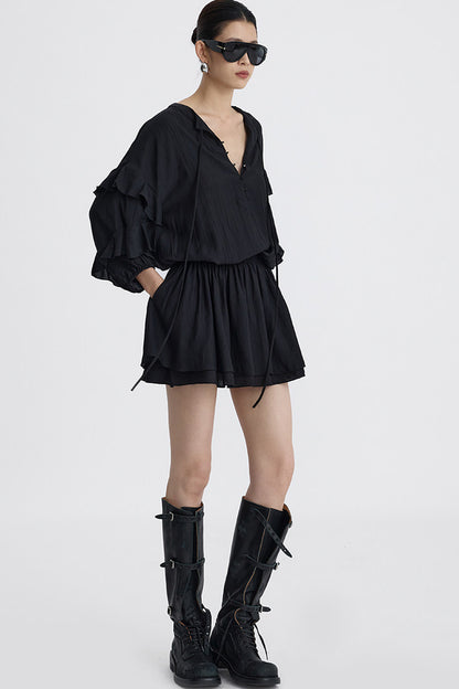 Black V-Neck Ruffle Lantern Sleeve Dress