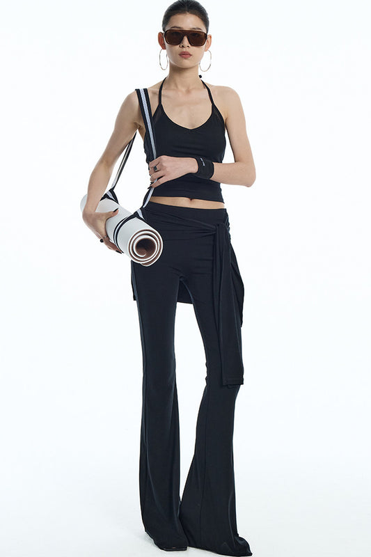 Black Mesh Halter Top And Flared Yoga Pants Set-Up