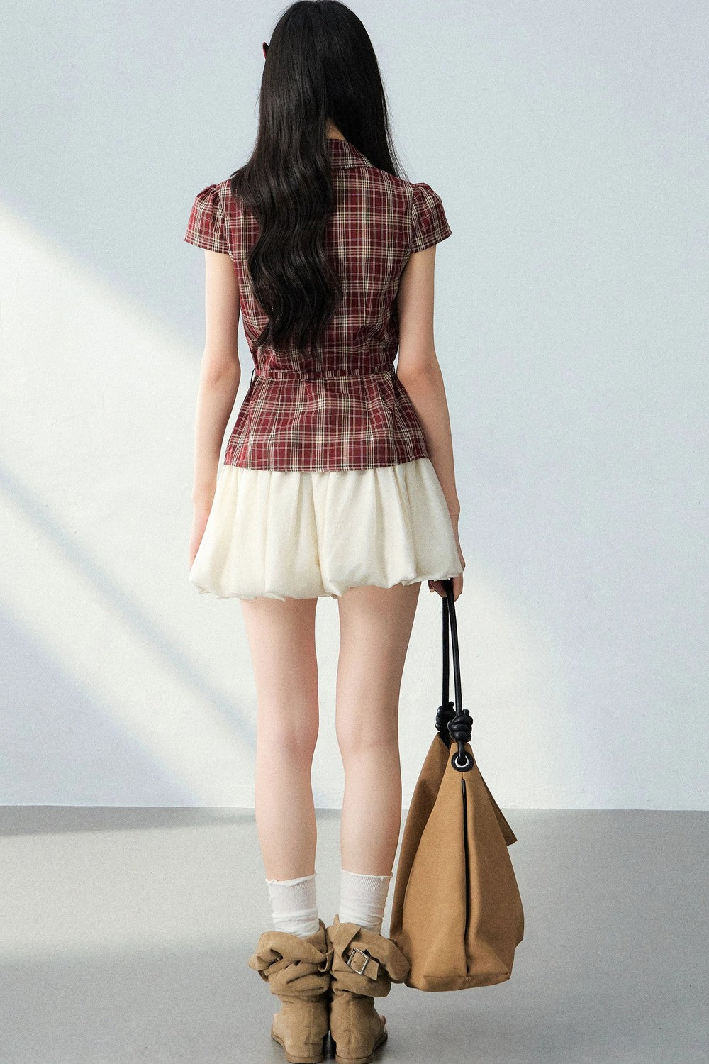 V-Neck Plaid Polka Dot Short Sleeve Shirt Set-Up