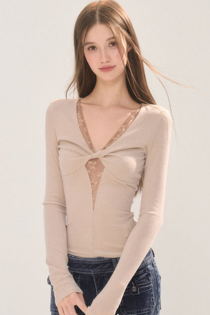 Lace Patchwork Twist Top
