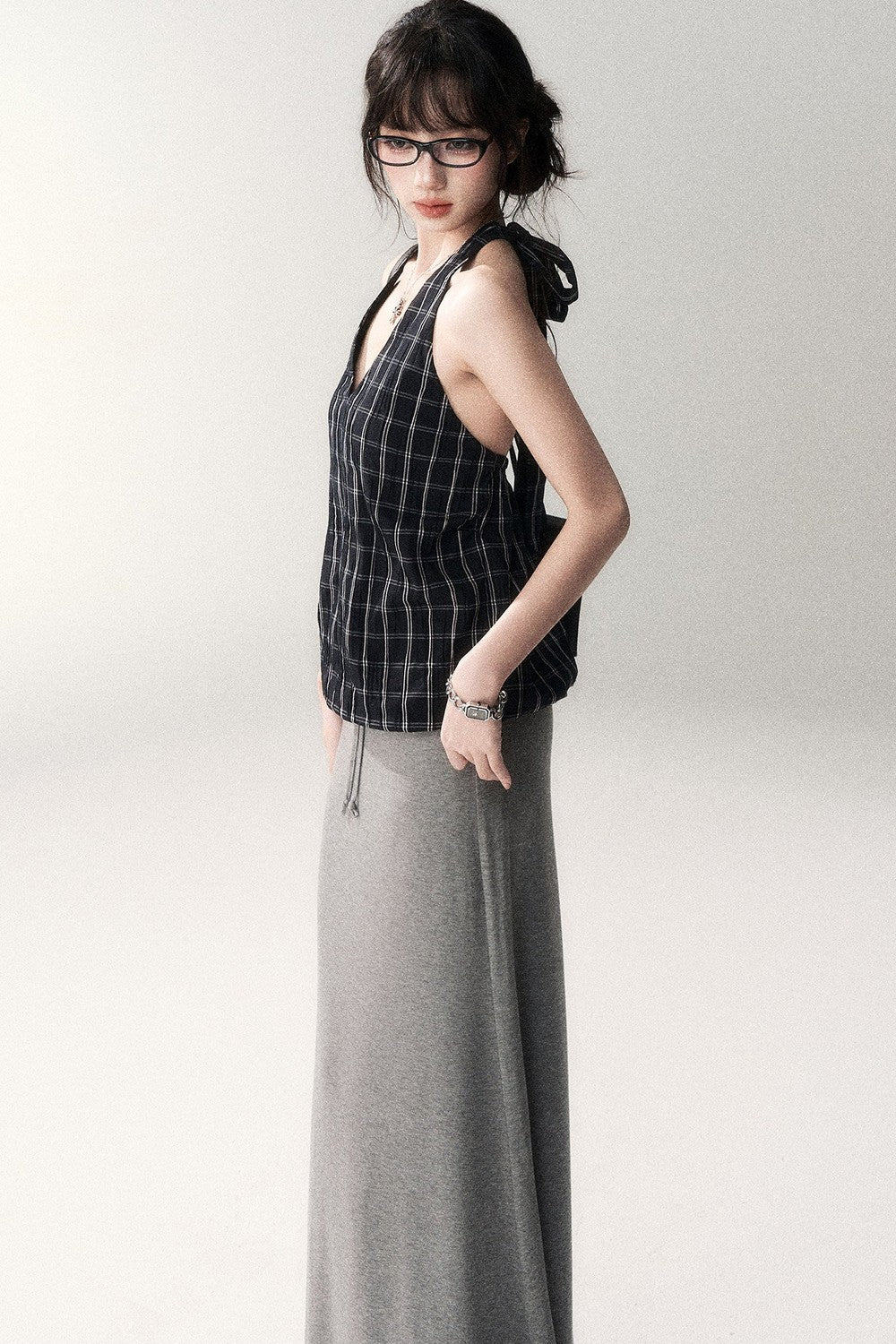 Textured Cotton Plaid Halter Camisole