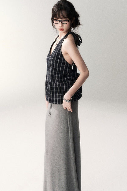 Textured Cotton Plaid Halter Camisole