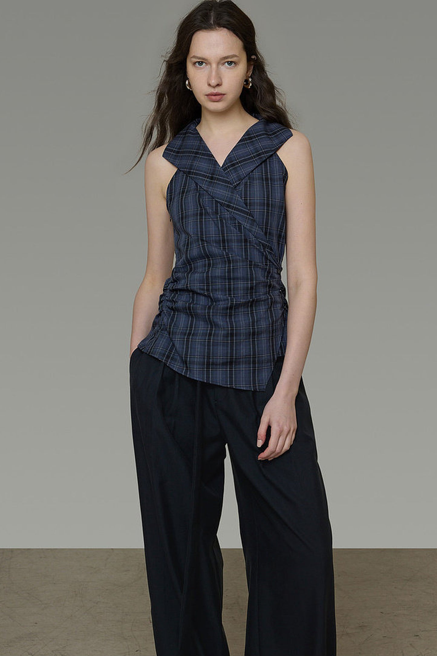 Navy Plaid Pleated Top