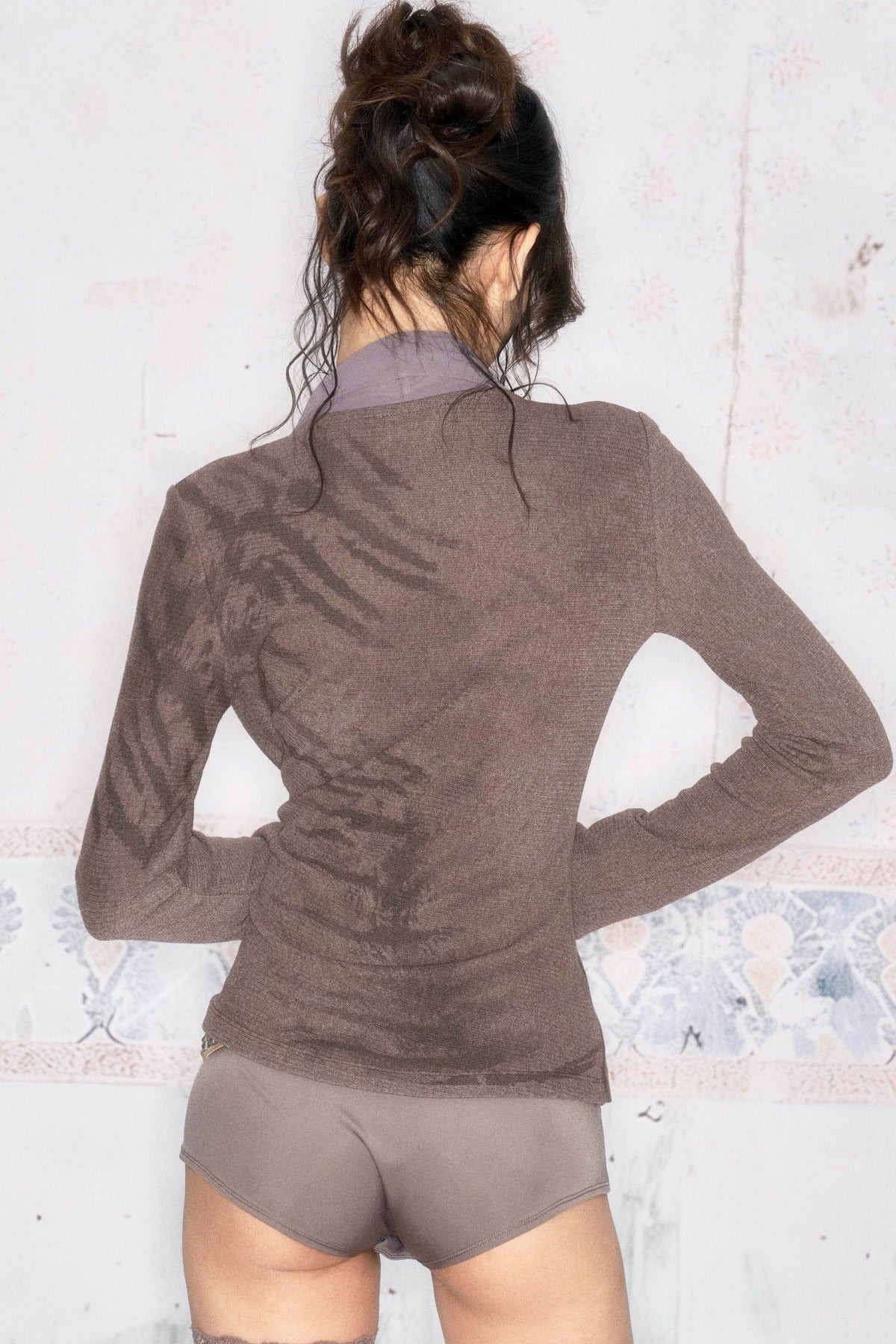 Layered-Look Knit Chiffon Cardigan