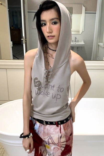 Gilet con cappuccio a quadri e strass