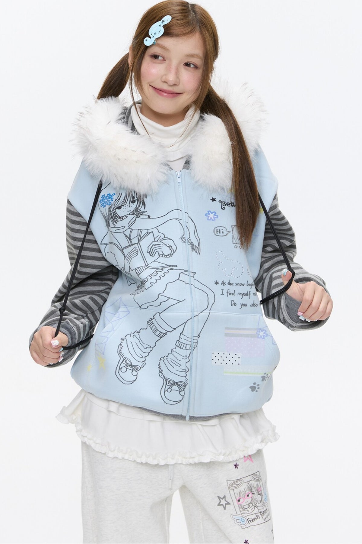 Striped Raglan Fur Collar Jacket