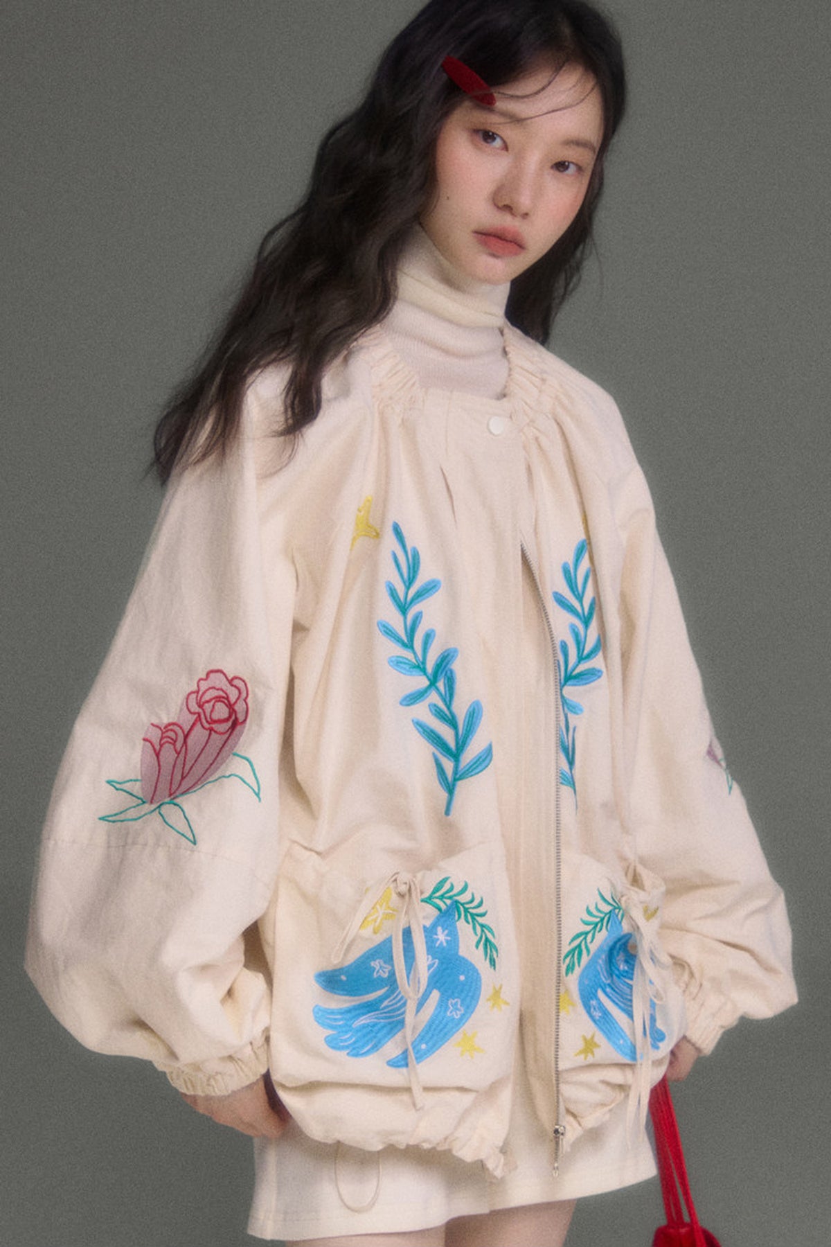 Loose Birds Olive Floral Embroidered Drawstring Jacket