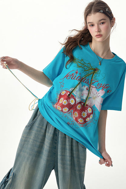 Cherry Print Blue Short-Sleeved T-Shirt