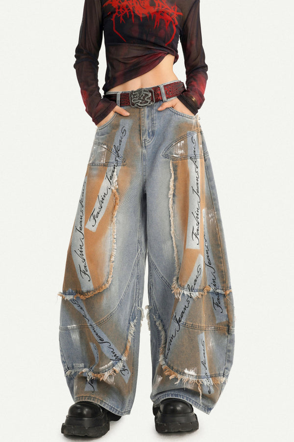 Distressed Patchwork Wide-Leg Denim Pants