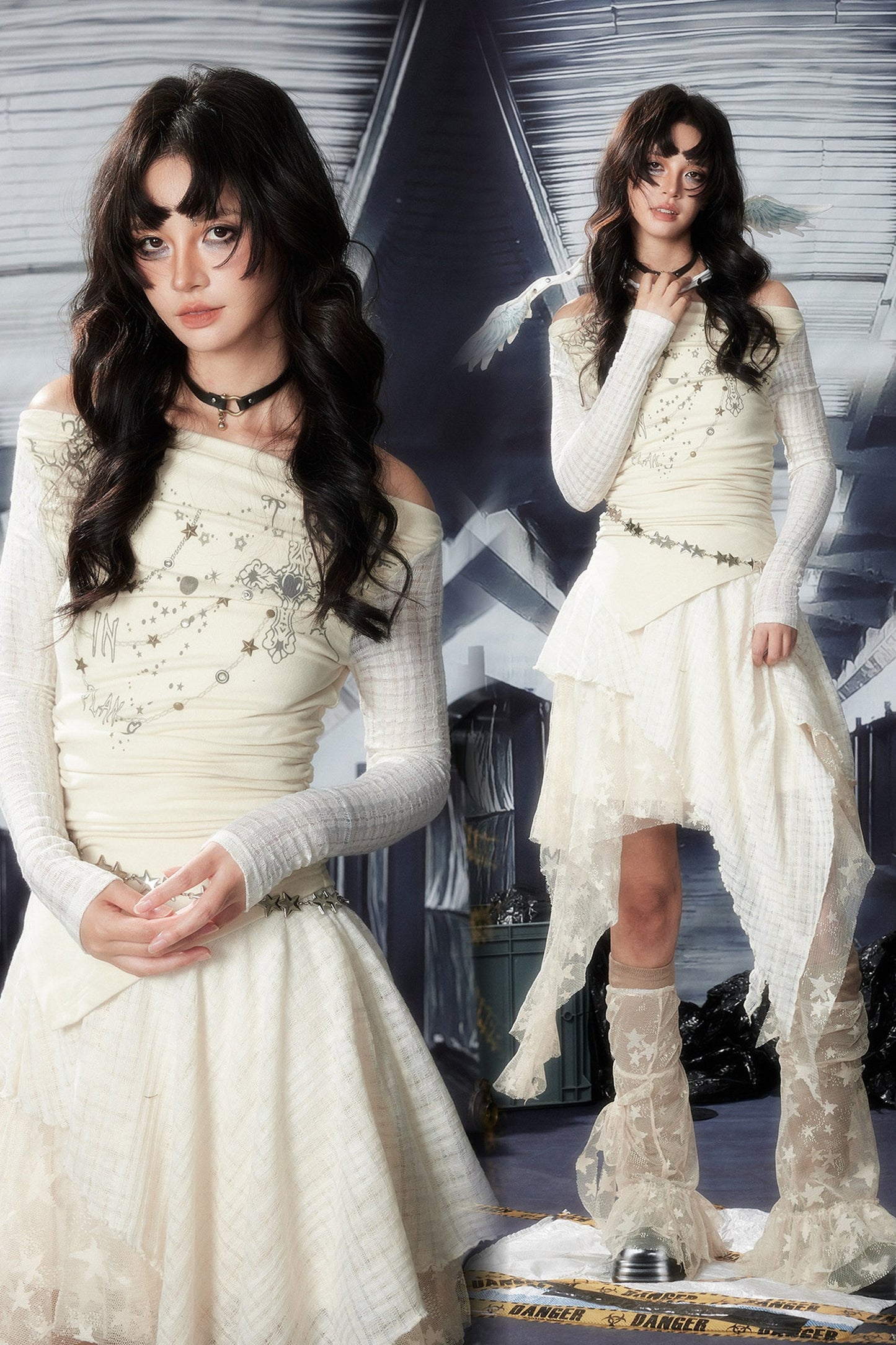 Printed Rhinestone Lace Off-Shoulder Knitted Dress