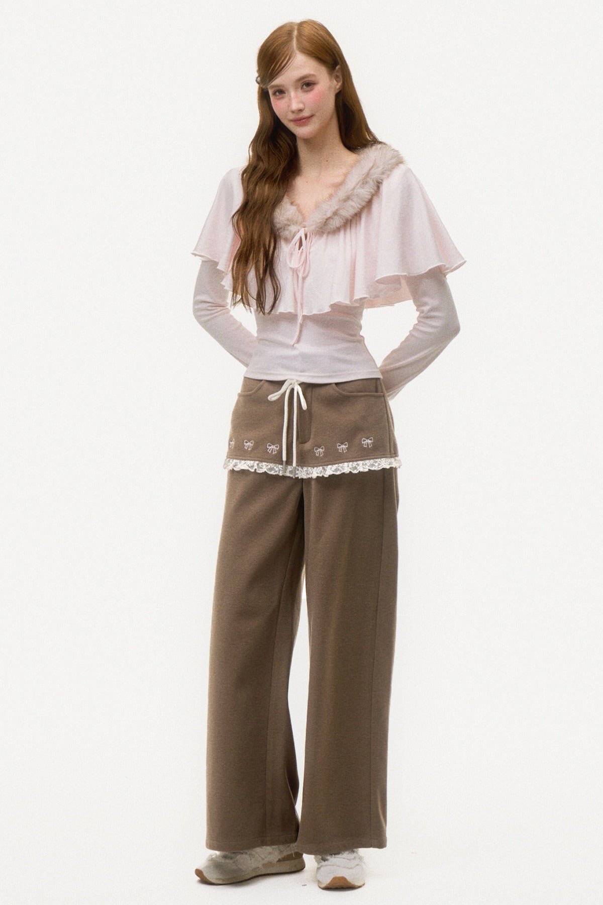 Bow Embroidered Layered-Look Pants