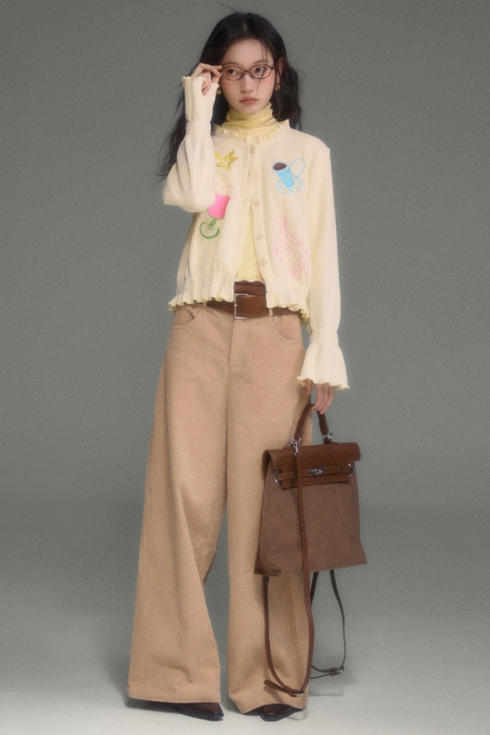 Hand-Painted Embroidered Bell-Sleeve Knit Cardigan