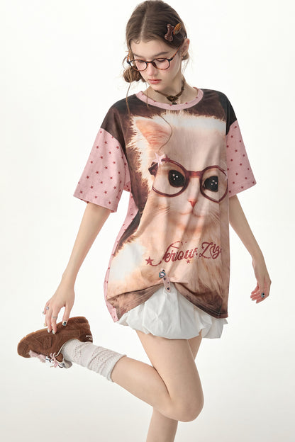 Lockeres T-Shirt mit Rundhalsausschnitt und pinkem Stern-Katzenprint