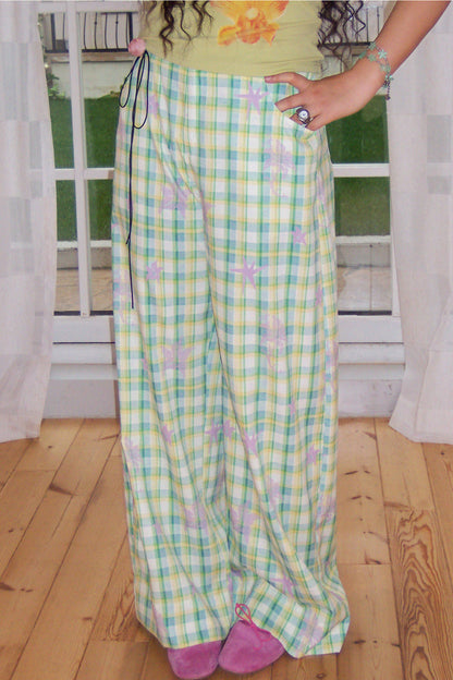 Elastic Plaid Straight-Leg Pants