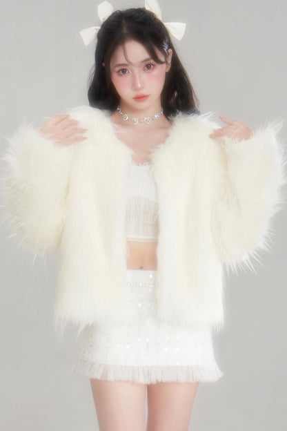 Snow Mountain Silver-White Long-Haired Fur Coat and Skirt Set-Up