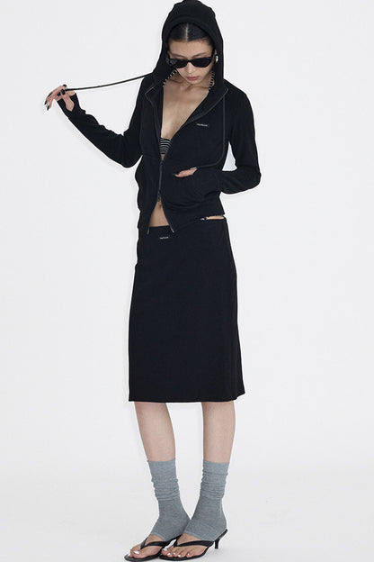 Hooded Zip Sweatshirt And Skirt Set-Up
