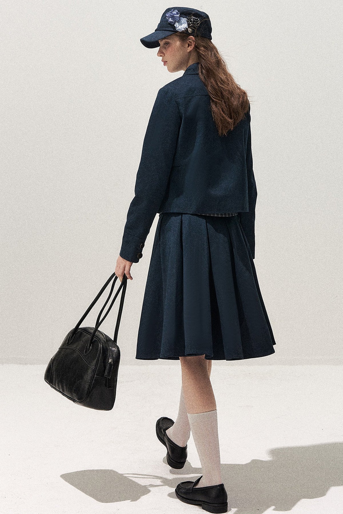 Navy Denim Jacket and Pleated Skirt Set-Up