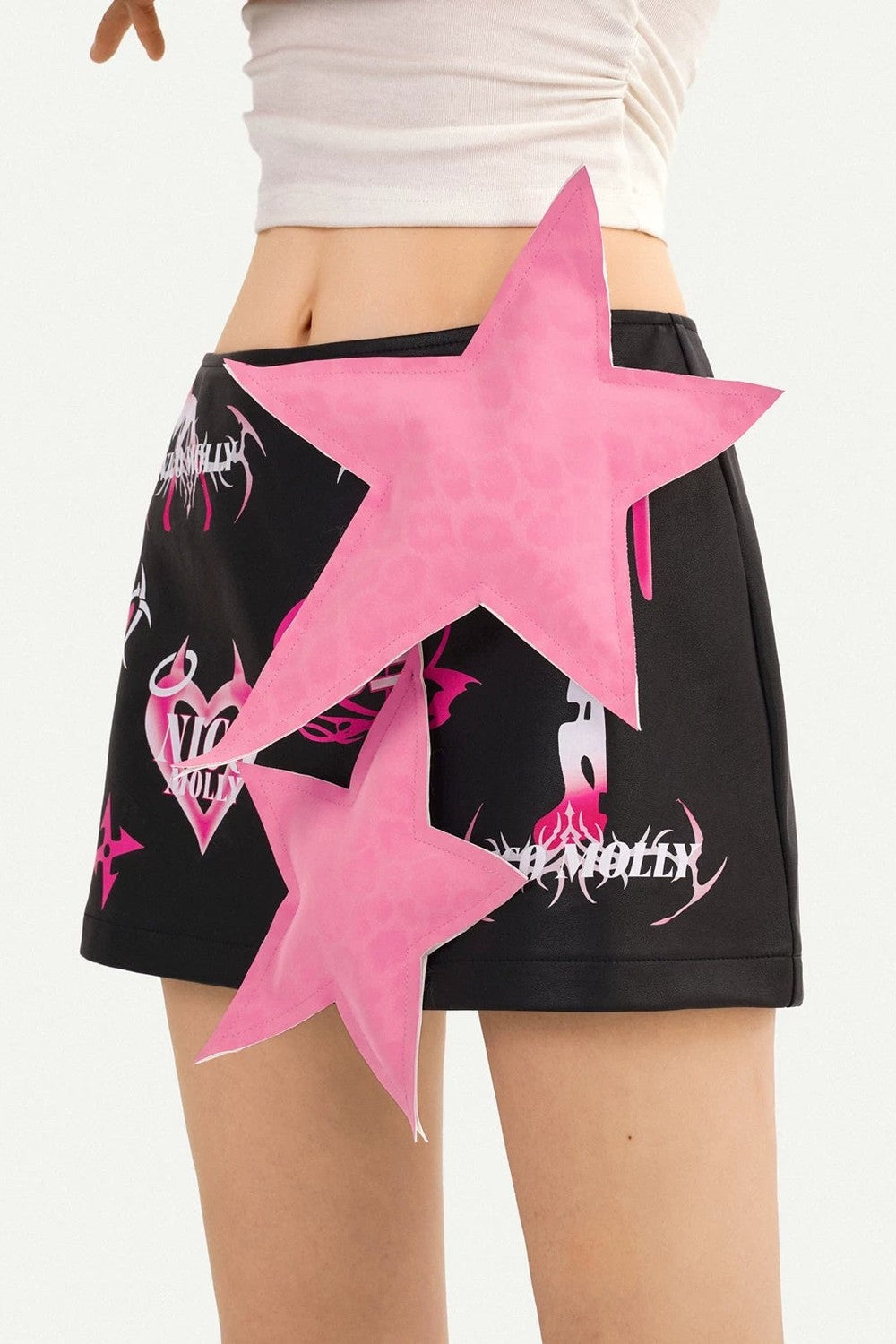 Cartoon Print Leather Skirt