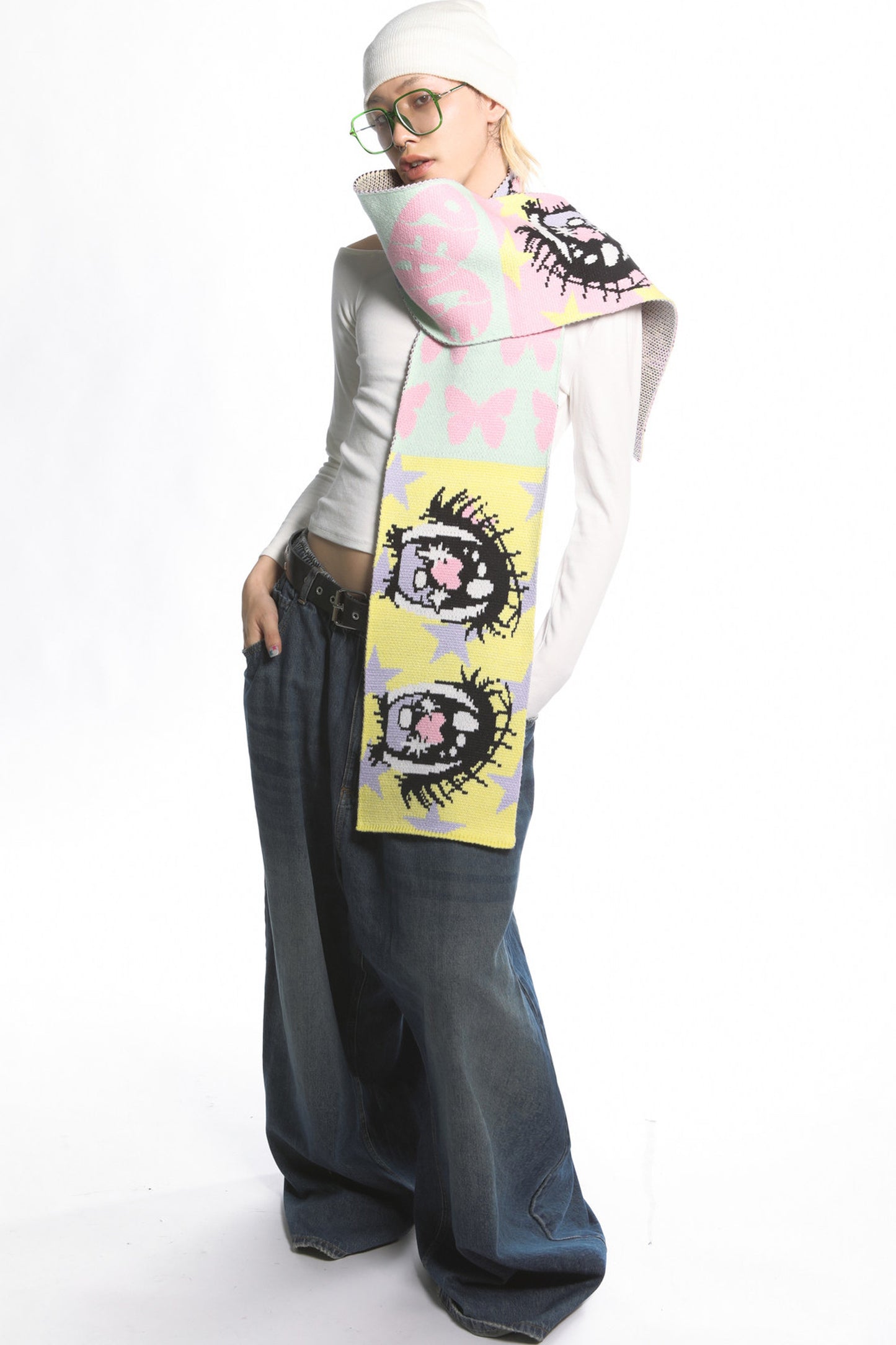 Comic Eye Knitted Long Scarf Set-Up