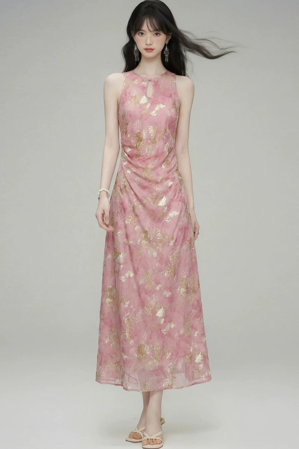 New Chinese Gold Jacquard Dress