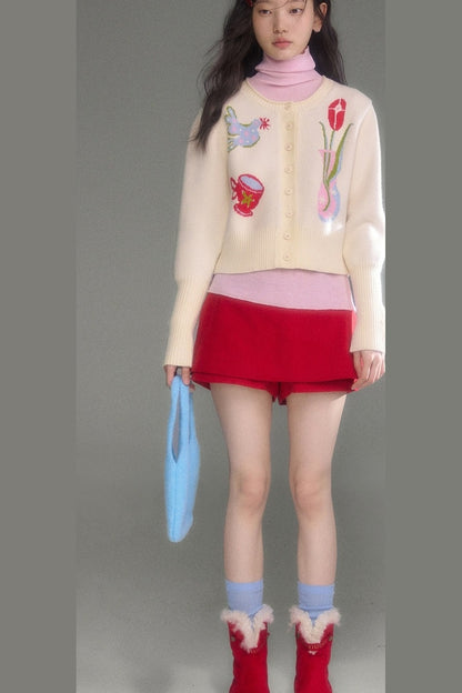 Tulip Bird Jacquard Knit Cardigan