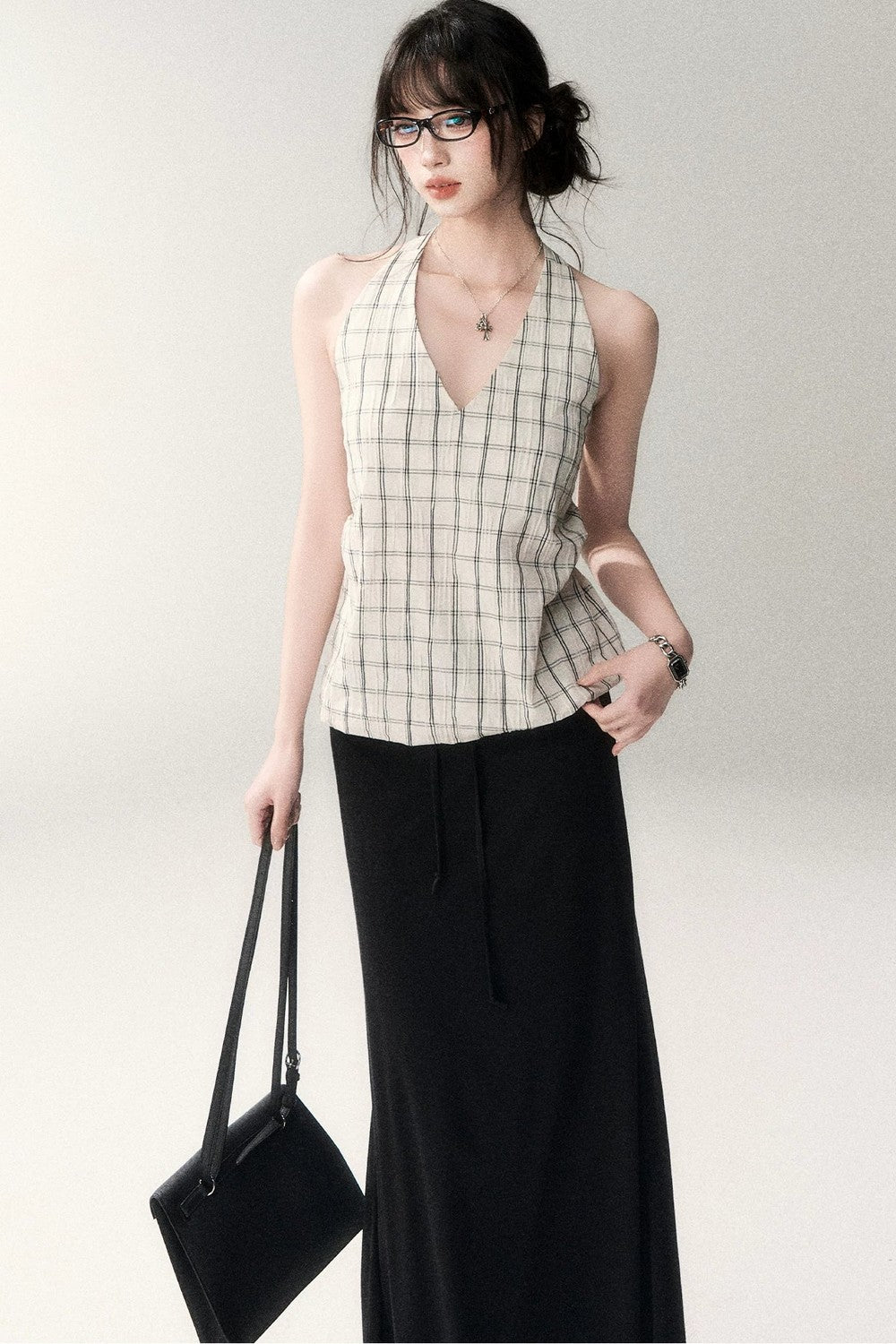 Textured Cotton Plaid Halter Camisole