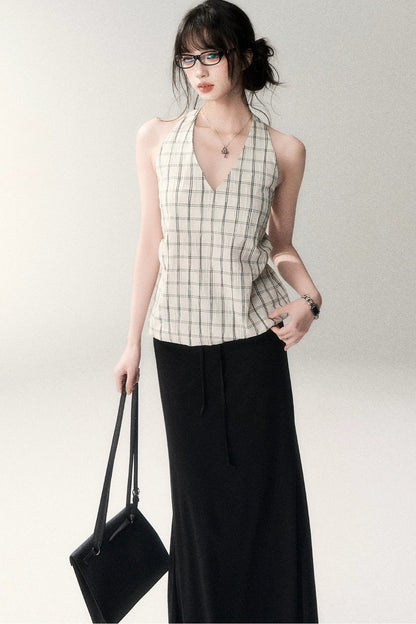 Textured Cotton Plaid Halter Camisole