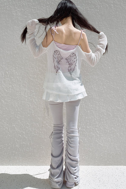 Schulterfreies Mesh-Camisole mit Schleifenband und Überwurf-Set