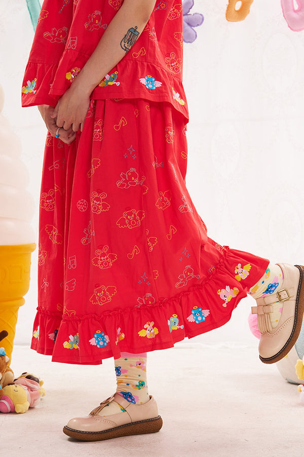 Red Animal Angel Embroidery Skirt
