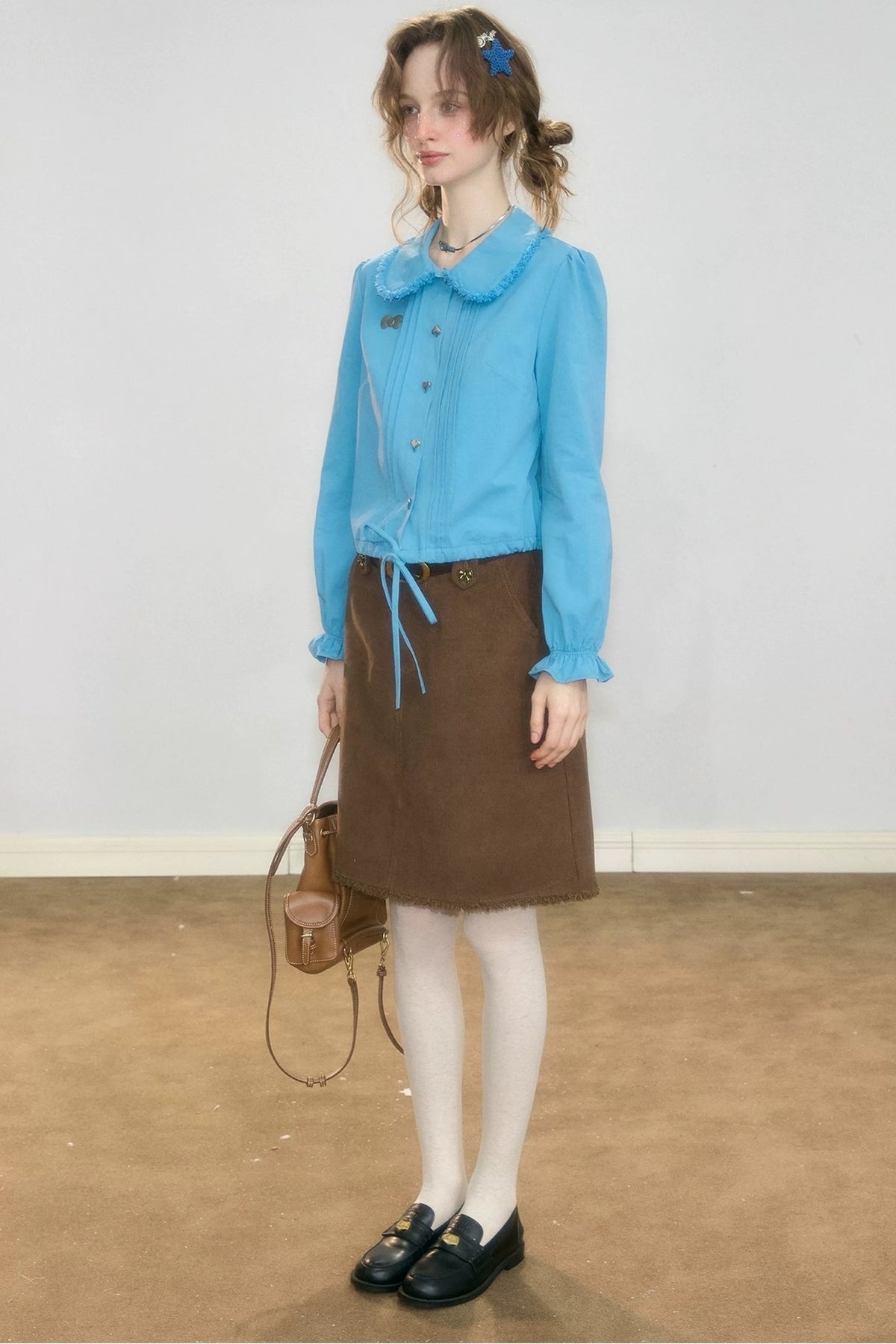 Brown Frayed Corduroy Mid-Length Skirt