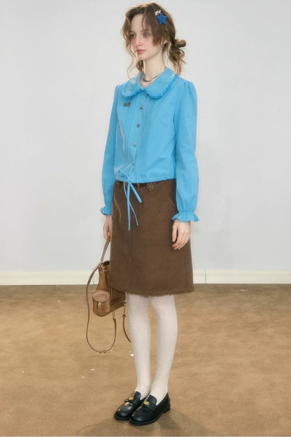 Brown Frayed Corduroy Mid-Length Skirt