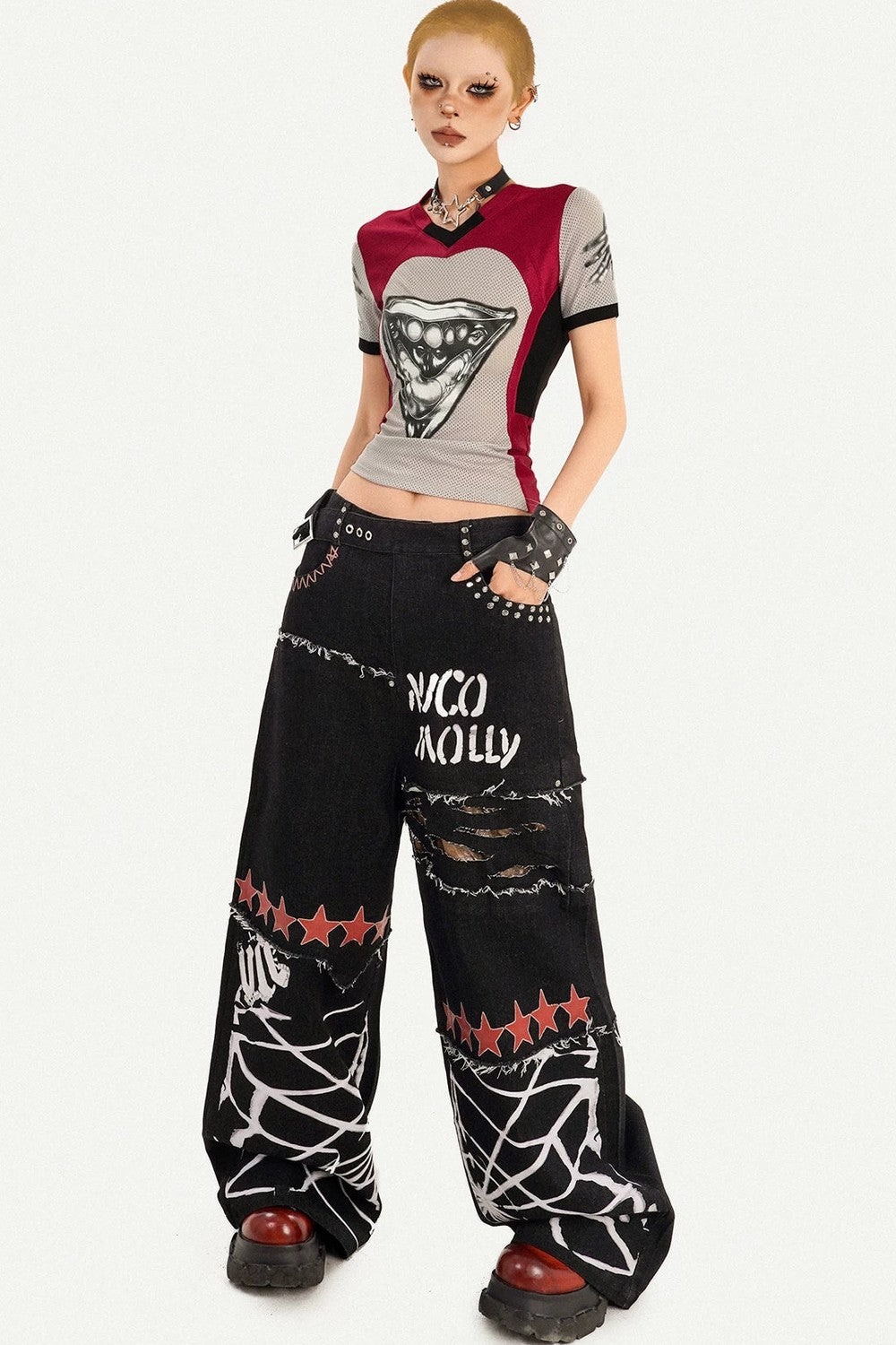 Ripped Graffiti Wide-Leg Jeans