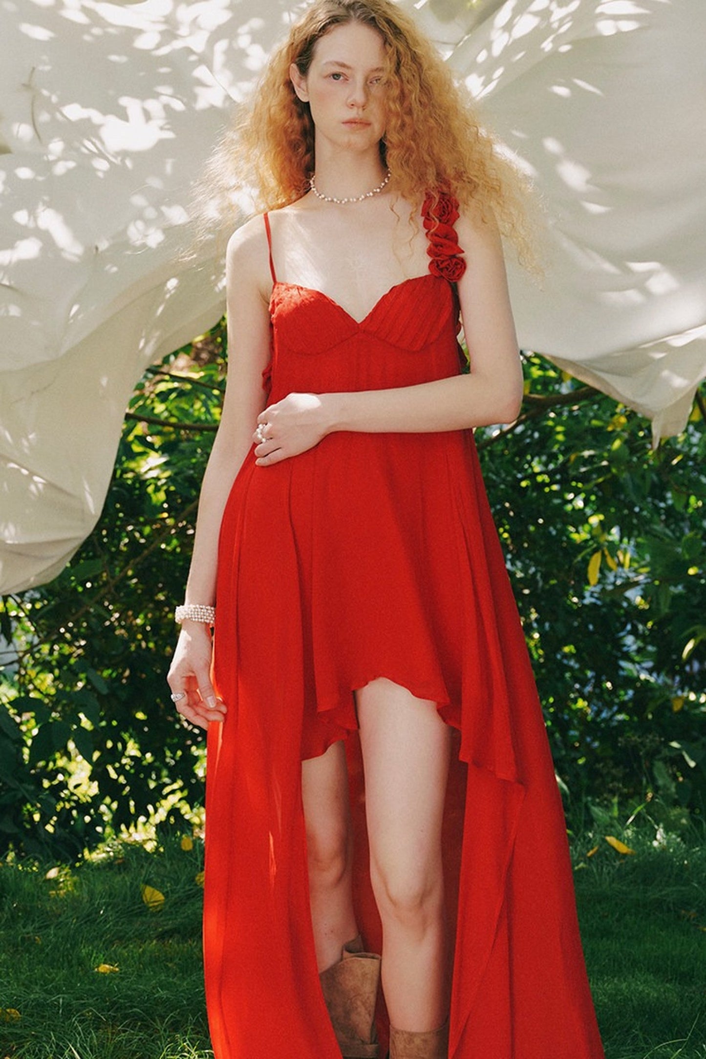 Hand-Stitched Rose Red Slip Dress