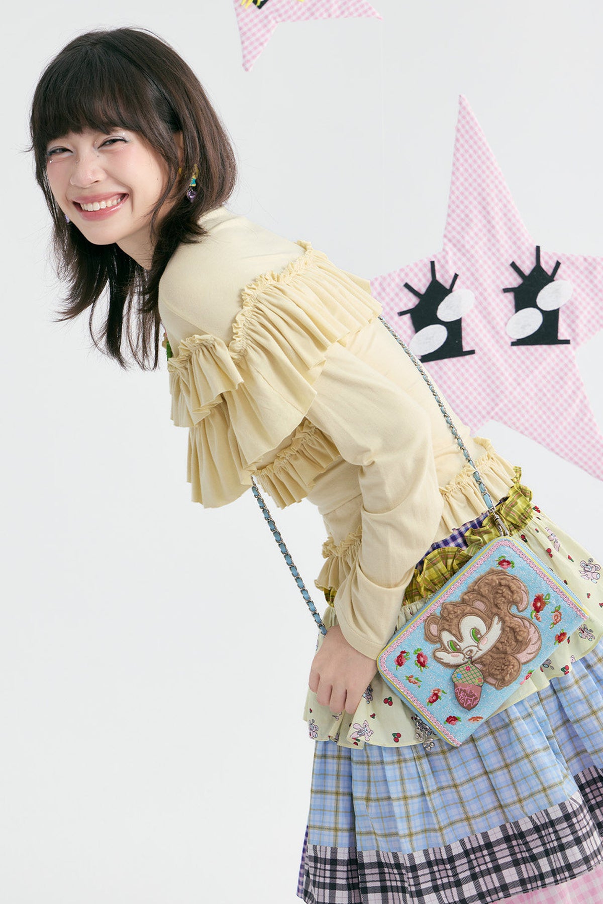 Blue Plush Squirrel Embroidered Floral Crossbody Bag