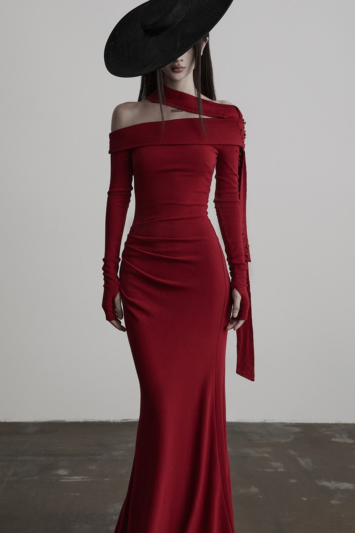 French Off-Shoulder Knitted Long-Sleeve Dress