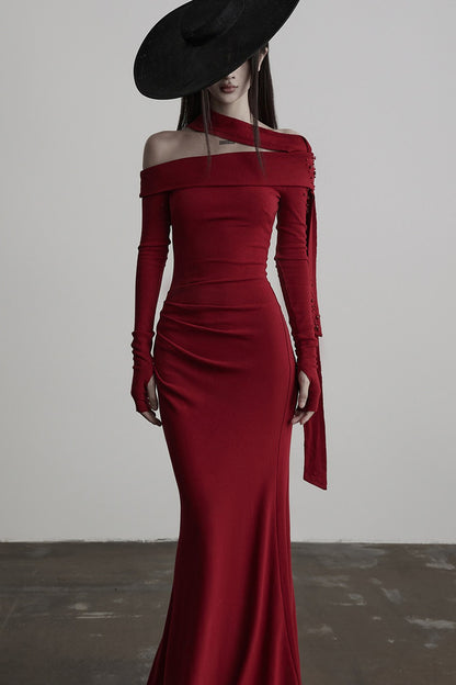 French Off-Shoulder Knitted Long-Sleeve Dress