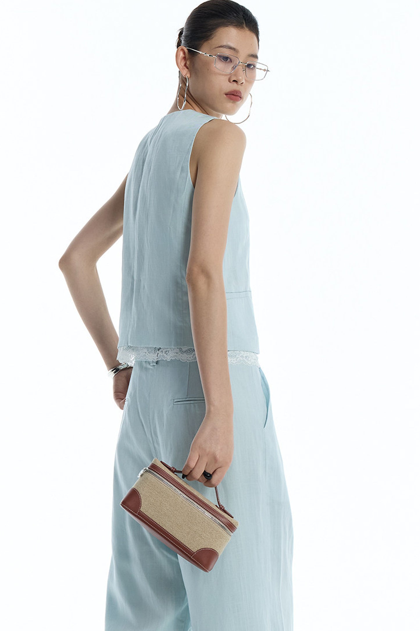 Mint Green Lyocell Cotton Linen Lace Vest and Pants Set-Up