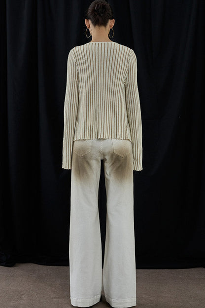 Apricot Striped V-Neck Tie Cardigan