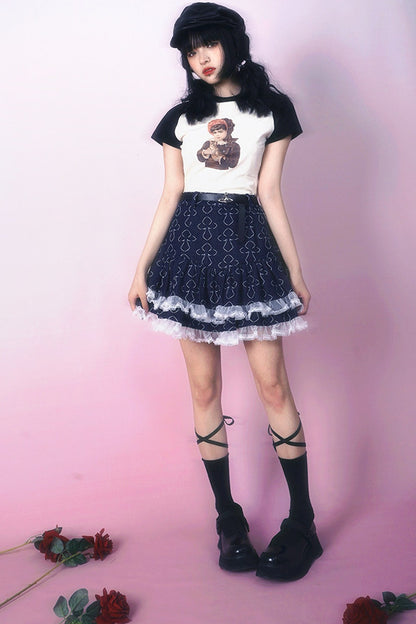Bear Doll Print Patchwork T-shirt