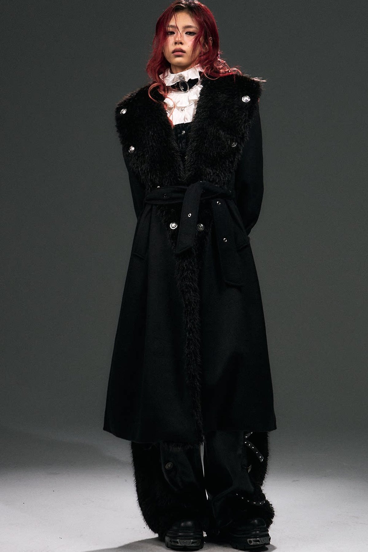 Large Fur Collar Loose Lace-Up Oversized Long Woolen Coat